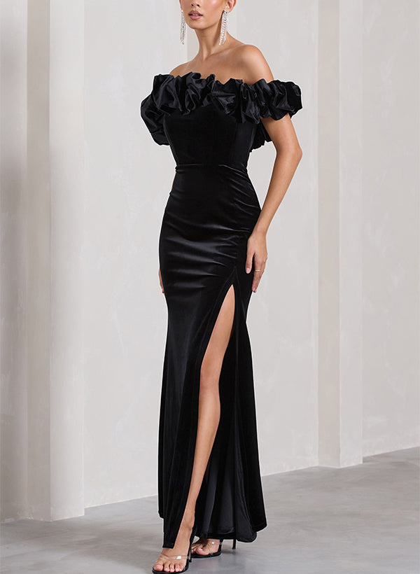 Sheath Column Off The Shoulder Velvet Bridesmaid Dresses With Split Front