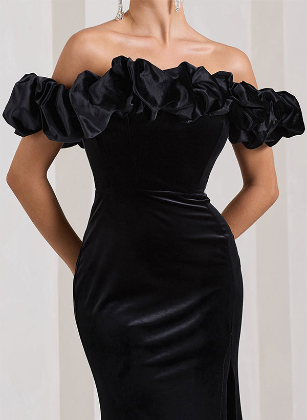 Sheath Column Off The Shoulder Velvet Bridesmaid Dresses With Split Front