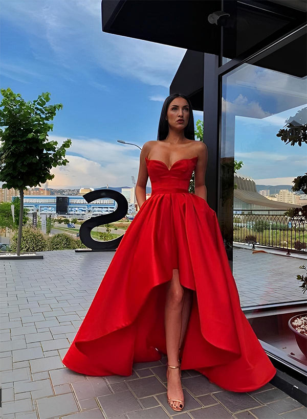 Sleeveless Strapless Satin Asymmetrical Bridesmaid Dresses