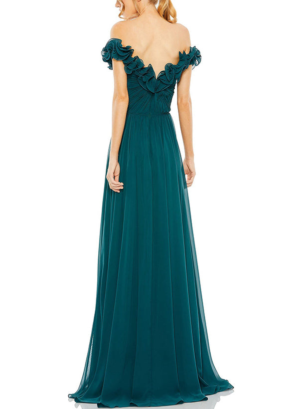 Off-The-Shoulder Sleeveless Chiffon Bridesmaid Dress with Flowers