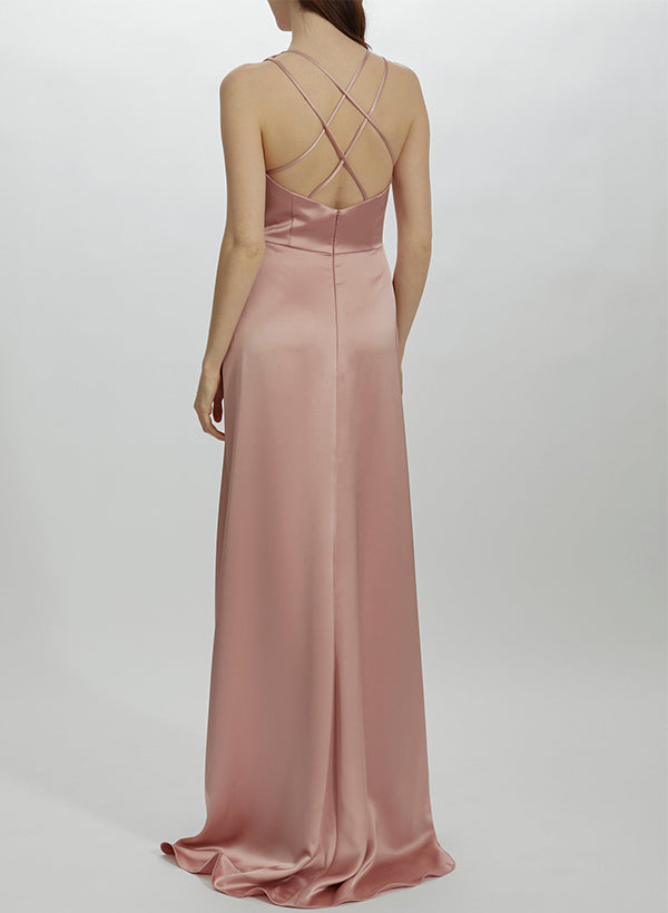 V-Neck Sleeveless Sheath/Column Bridesmaid Dresses crafted from Silk Like Satin