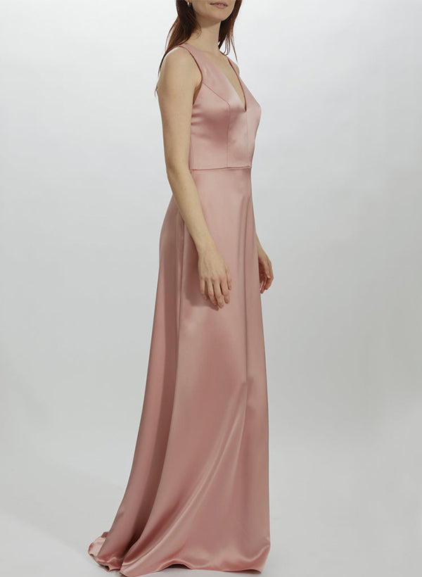 V-Neck Sleeveless Sheath/Column Bridesmaid Dresses crafted from Silk Like Satin