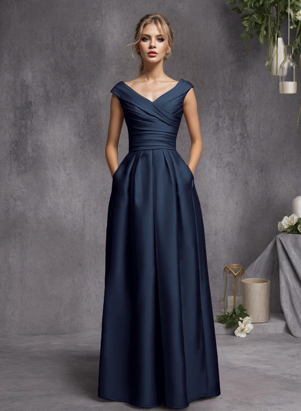 A-Line V-Neck Sleeveless Floor-Length Satin Bridesmaid Dresses With Ruffle
