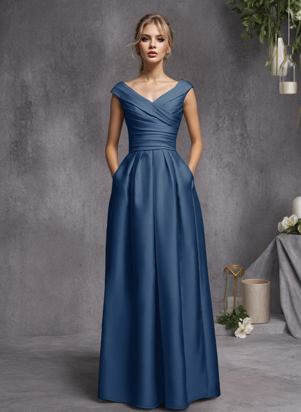 A-Line V-Neck Sleeveless Floor-Length Satin Bridesmaid Dresses With Ruffle
