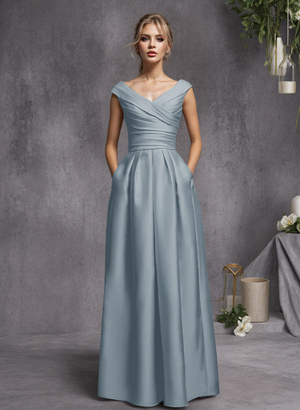 A-Line V-Neck Sleeveless Floor-Length Satin Bridesmaid Dresses With Ruffle