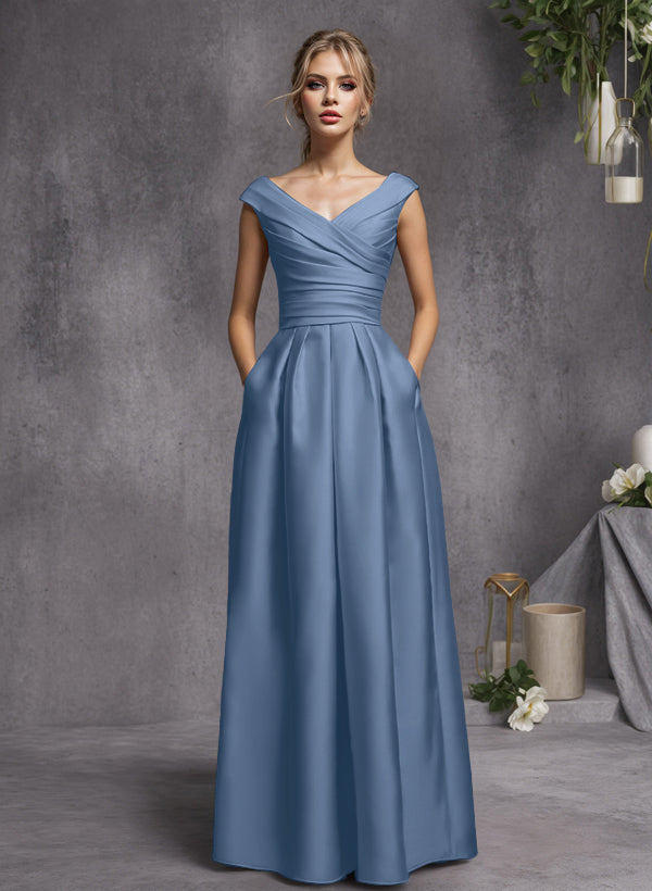 A-Line V-Neck Sleeveless Floor-Length Satin Bridesmaid Dresses With Ruffle