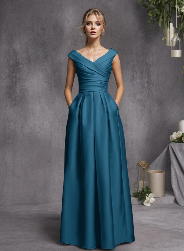 A-Line V-Neck Sleeveless Floor-Length Satin Bridesmaid Dresses With Ruffle