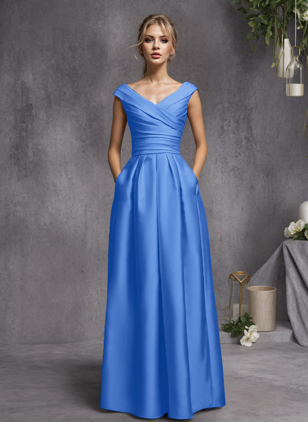 A-Line V-Neck Sleeveless Floor-Length Satin Bridesmaid Dresses With Ruffle