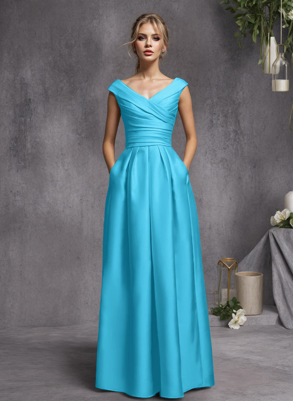 A-Line V-Neck Sleeveless Floor-Length Satin Bridesmaid Dresses With Ruffle