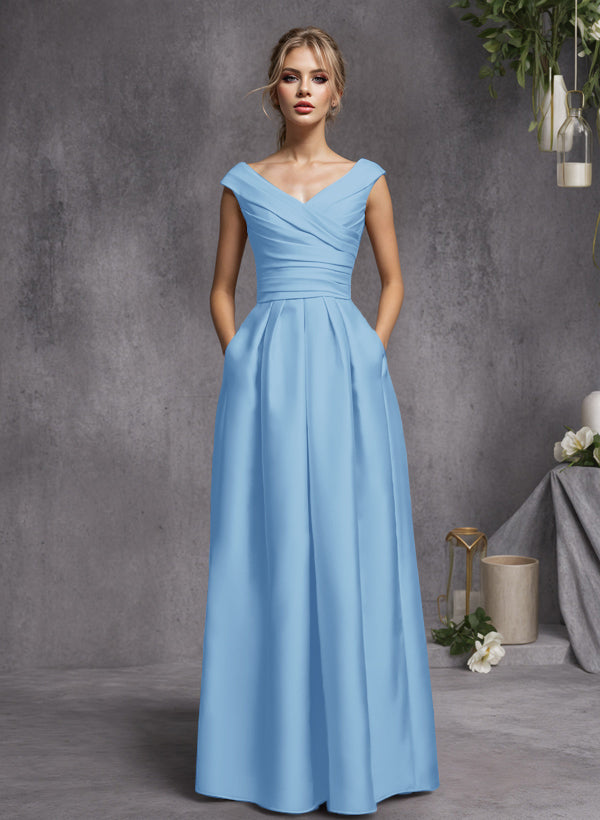 A-Line V-Neck Sleeveless Floor-Length Satin Bridesmaid Dresses With Ruffle