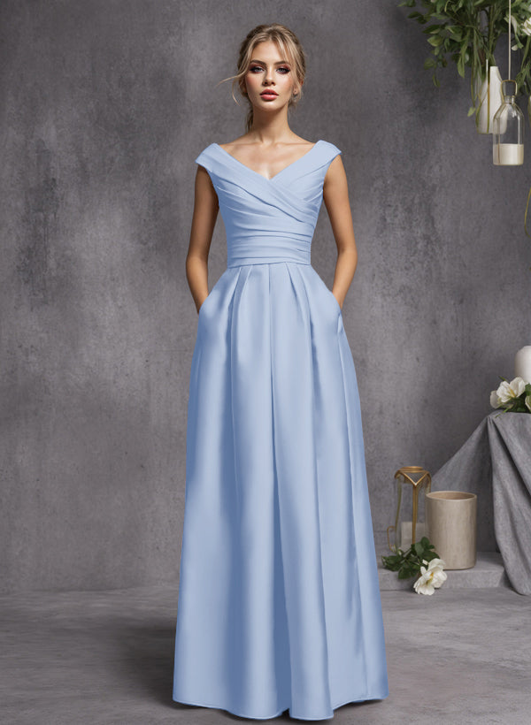 A-Line V-Neck Sleeveless Floor-Length Satin Bridesmaid Dresses With Ruffle