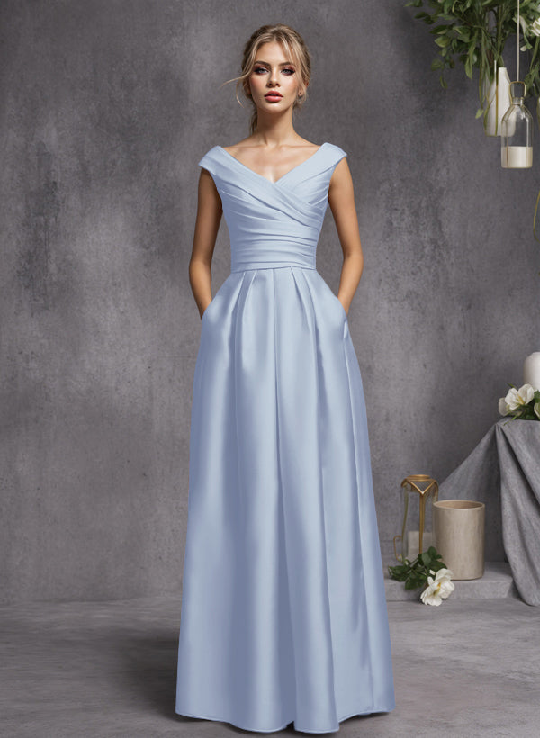 A-Line V-Neck Sleeveless Floor-Length Satin Bridesmaid Dresses With Ruffle