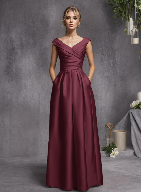A-Line V-Neck Sleeveless Floor-Length Satin Bridesmaid Dresses With Ruffle