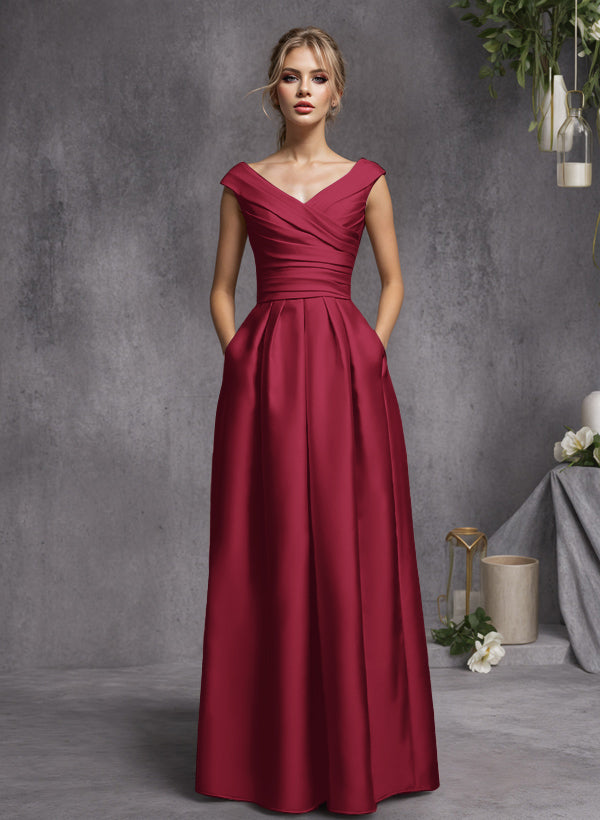 A-Line V-Neck Sleeveless Floor-Length Satin Bridesmaid Dresses With Ruffle