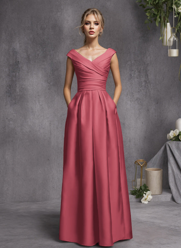 A-Line V-Neck Sleeveless Floor-Length Satin Bridesmaid Dresses With Ruffle
