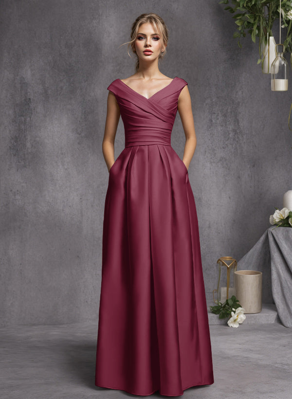 A-Line V-Neck Sleeveless Floor-Length Satin Bridesmaid Dresses With Ruffle