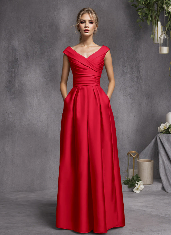 A-Line V-Neck Sleeveless Floor-Length Satin Bridesmaid Dresses With Ruffle