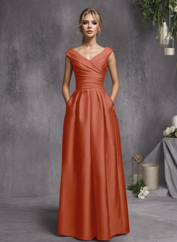 A-Line V-Neck Sleeveless Floor-Length Satin Bridesmaid Dresses With Ruffle