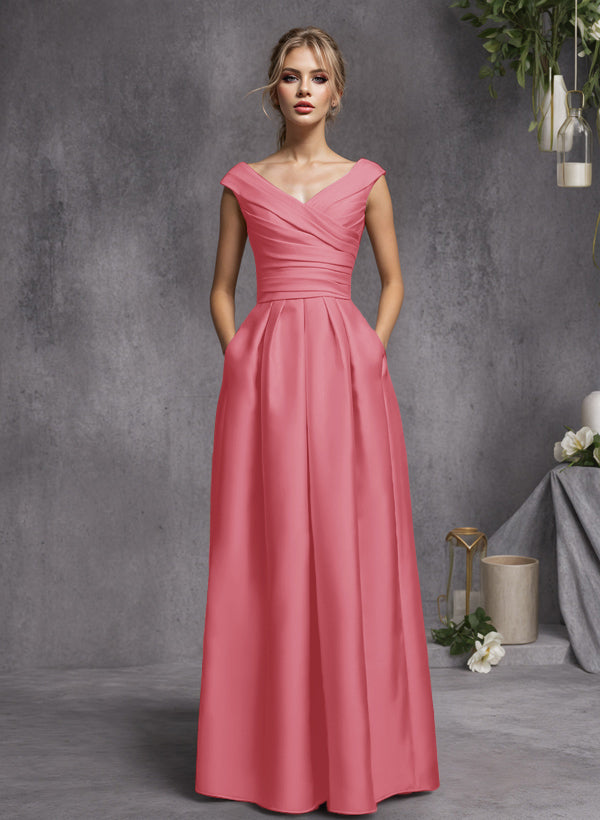 A-Line V-Neck Sleeveless Floor-Length Satin Bridesmaid Dresses With Ruffle