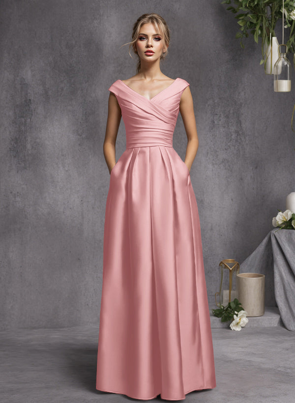 A-Line V-Neck Sleeveless Floor-Length Satin Bridesmaid Dresses With Ruffle