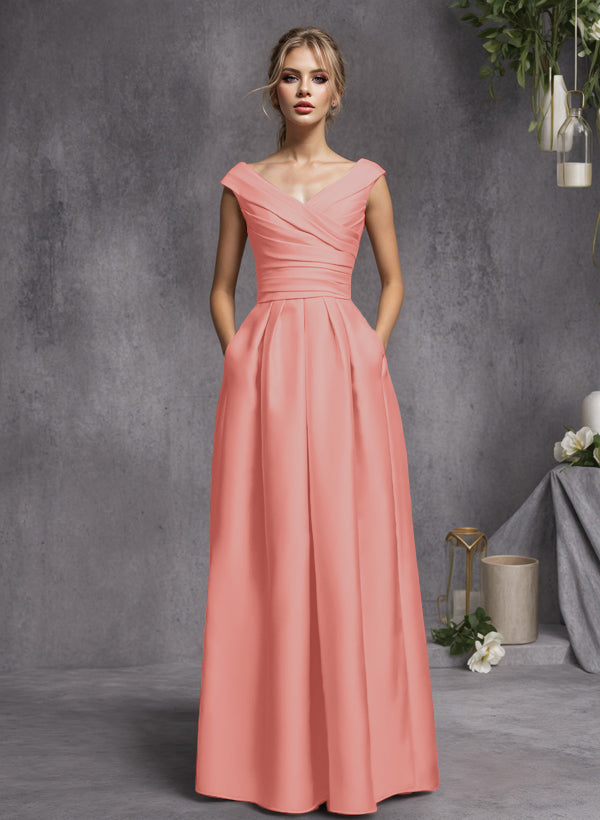 A-Line V-Neck Sleeveless Floor-Length Satin Bridesmaid Dresses With Ruffle