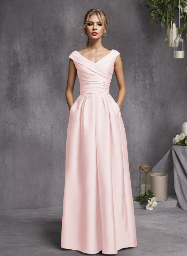 A-Line V-Neck Sleeveless Floor-Length Satin Bridesmaid Dresses With Ruffle