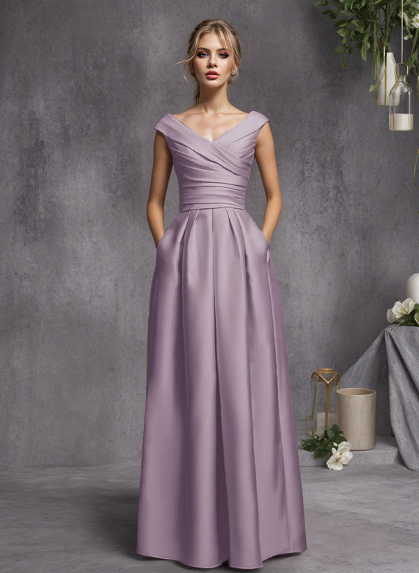 A-Line V-Neck Sleeveless Floor-Length Satin Bridesmaid Dresses With Ruffle