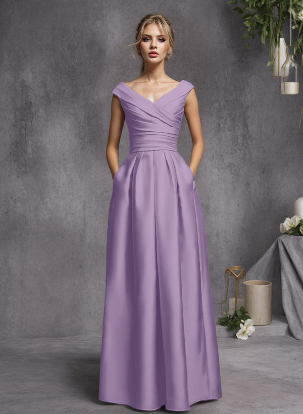 A-Line V-Neck Sleeveless Floor-Length Satin Bridesmaid Dresses With Ruffle