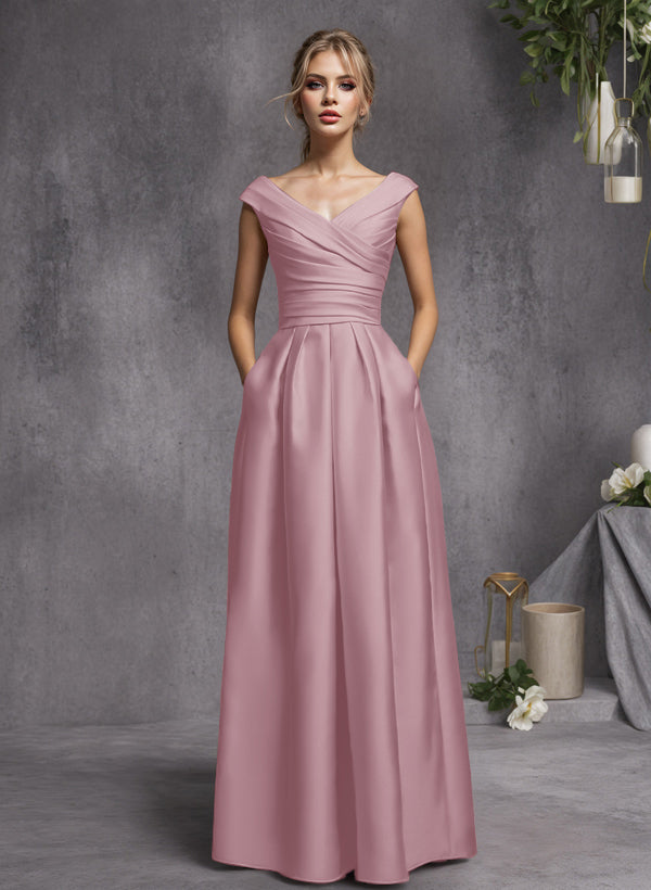 A-Line V-Neck Sleeveless Floor-Length Satin Bridesmaid Dresses With Ruffle