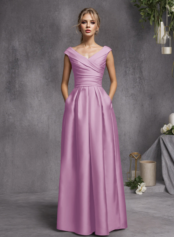 A-Line V-Neck Sleeveless Floor-Length Satin Bridesmaid Dresses With Ruffle