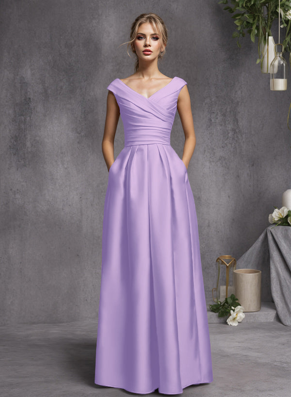 A-Line V-Neck Sleeveless Floor-Length Satin Bridesmaid Dresses With Ruffle