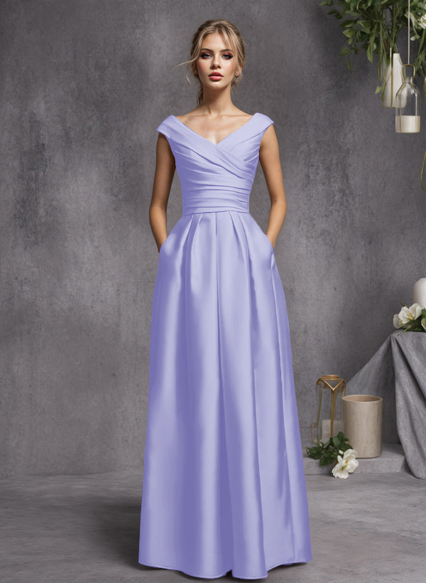 A-Line V-Neck Sleeveless Floor-Length Satin Bridesmaid Dresses With Ruffle