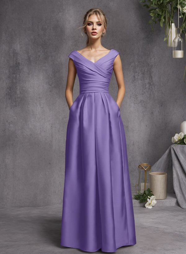 A-Line V-Neck Sleeveless Floor-Length Satin Bridesmaid Dresses With Ruffle