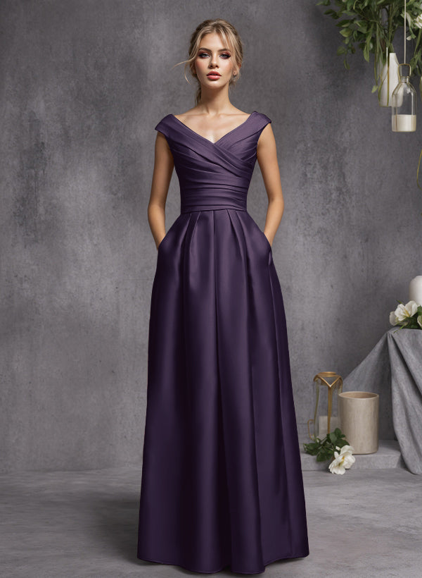 A-Line V-Neck Sleeveless Floor-Length Satin Bridesmaid Dresses With Ruffle