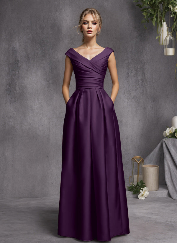 A-Line V-Neck Sleeveless Floor-Length Satin Bridesmaid Dresses With Ruffle