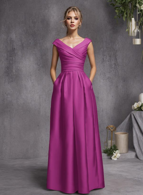 A-Line V-Neck Sleeveless Floor-Length Satin Bridesmaid Dresses With Ruffle