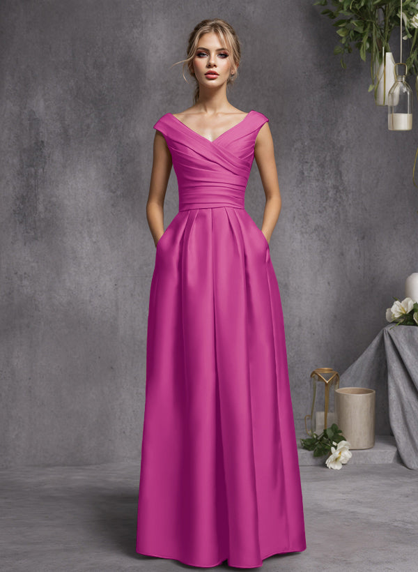 A-Line V-Neck Sleeveless Floor-Length Satin Bridesmaid Dresses With Ruffle