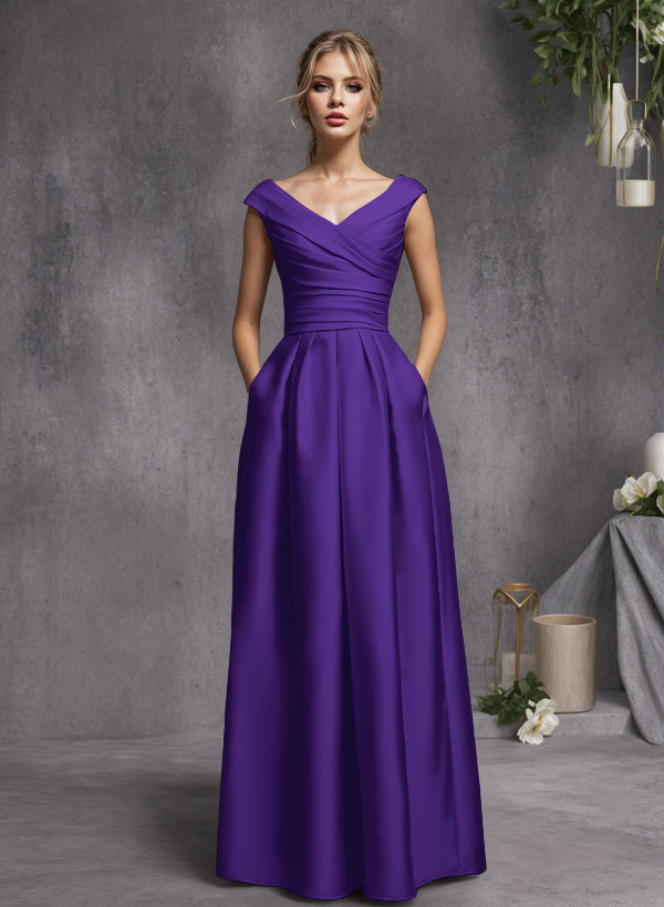 A-Line V-Neck Sleeveless Floor-Length Satin Bridesmaid Dresses With Ruffle