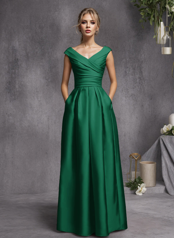 A-Line V-Neck Sleeveless Floor-Length Satin Bridesmaid Dresses With Ruffle