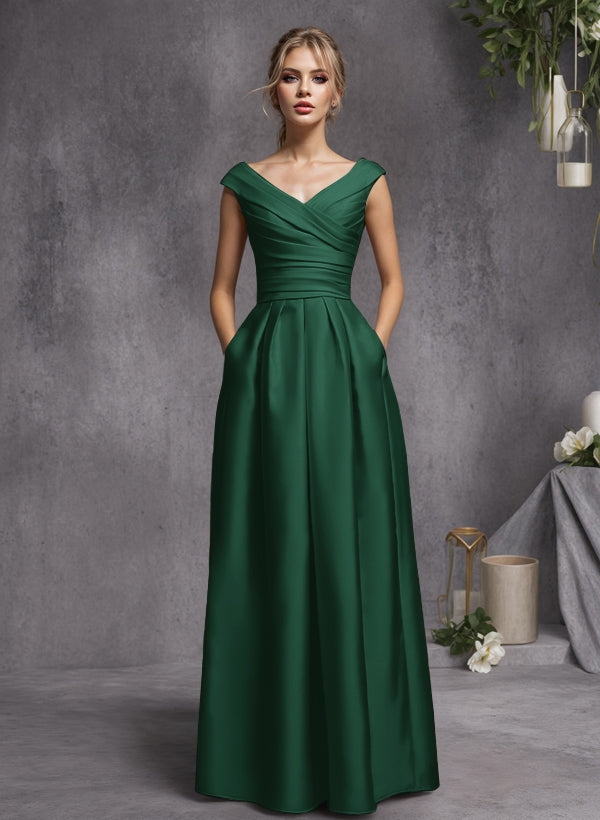 A-Line V-Neck Sleeveless Floor-Length Satin Bridesmaid Dresses With Ruffle