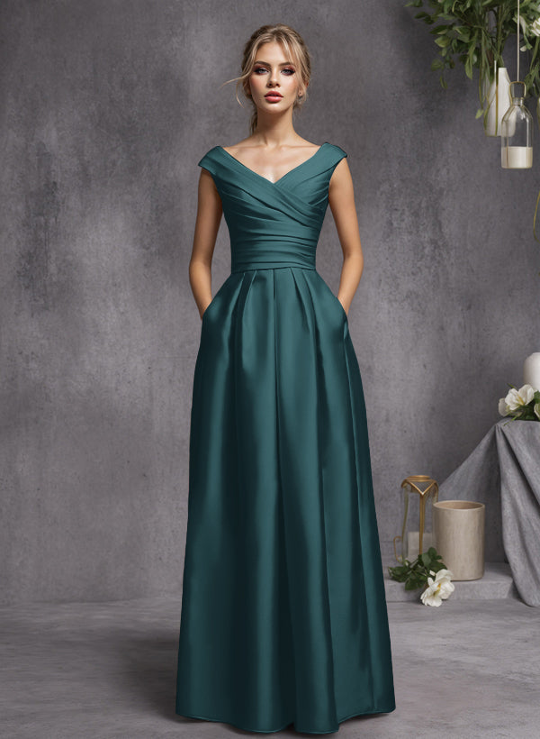 A-Line V-Neck Sleeveless Floor-Length Satin Bridesmaid Dresses With Ruffle