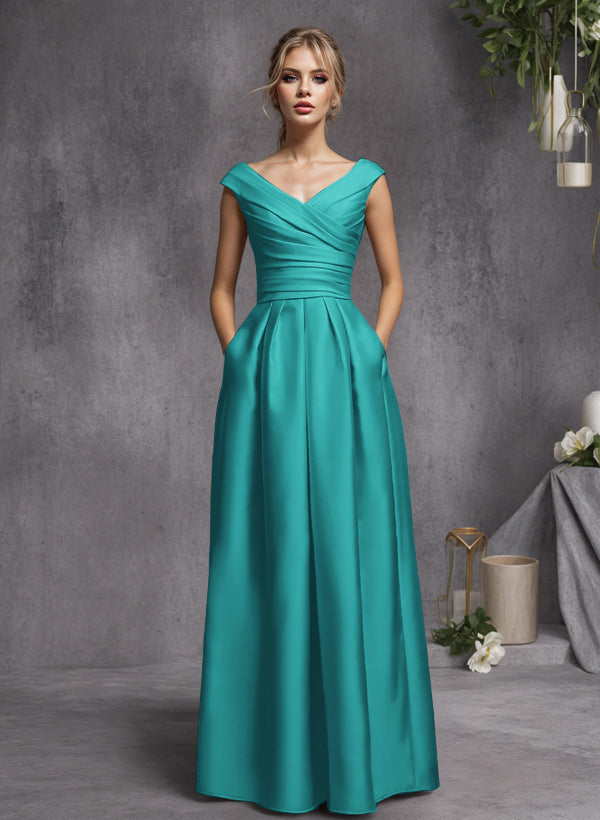 A-Line V-Neck Sleeveless Floor-Length Satin Bridesmaid Dresses With Ruffle