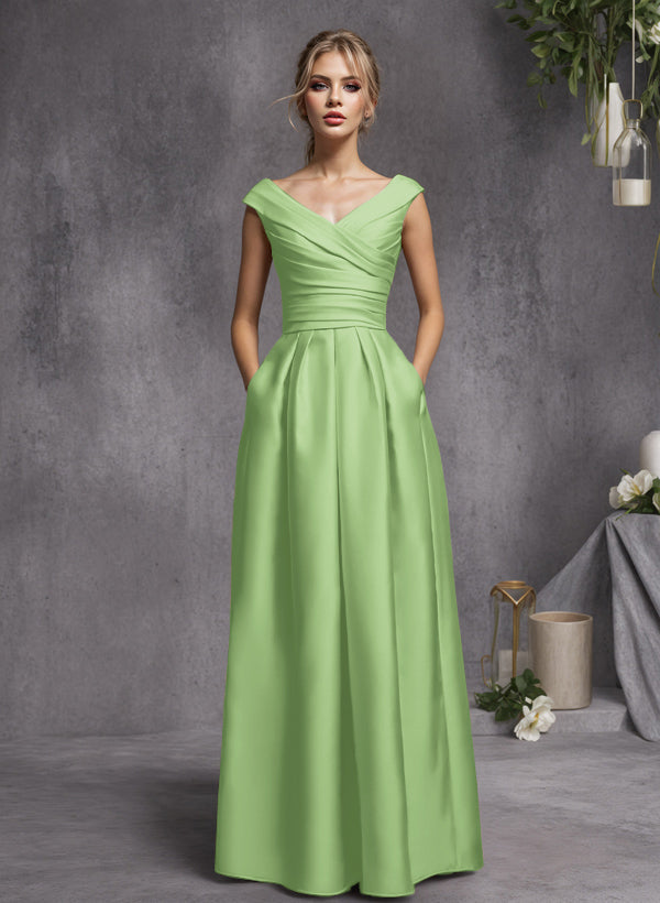 A-Line V-Neck Sleeveless Floor-Length Satin Bridesmaid Dresses With Ruffle