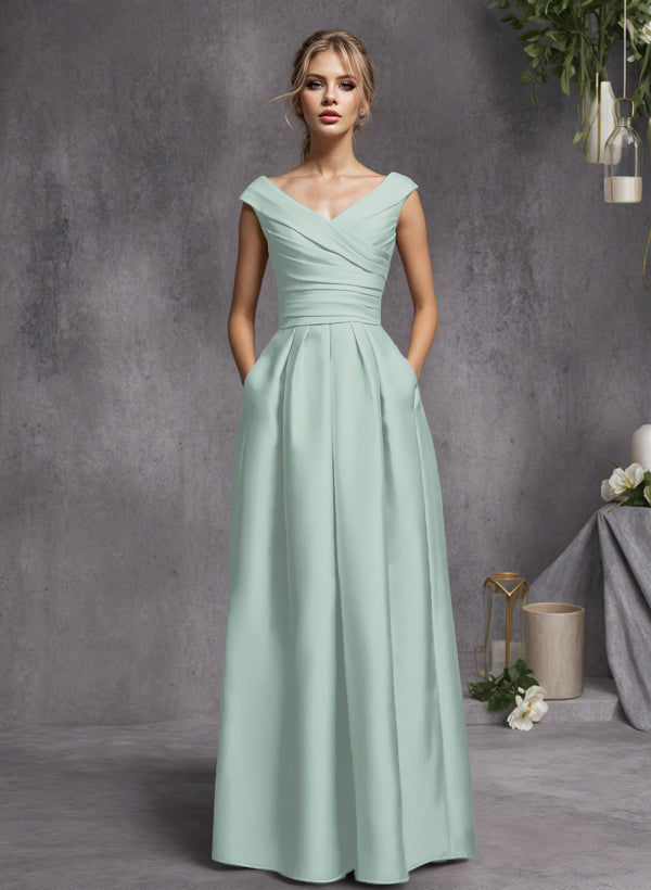 A-Line V-Neck Sleeveless Floor-Length Satin Bridesmaid Dresses With Ruffle