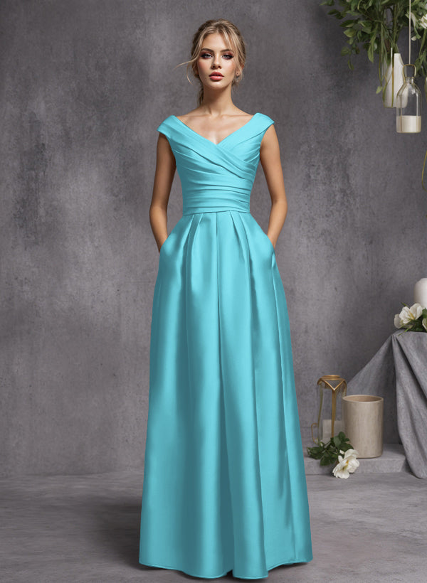A-Line V-Neck Sleeveless Floor-Length Satin Bridesmaid Dresses With Ruffle