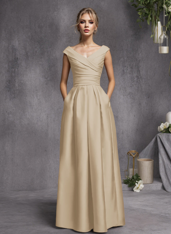 A-Line V-Neck Sleeveless Floor-Length Satin Bridesmaid Dresses With Ruffle