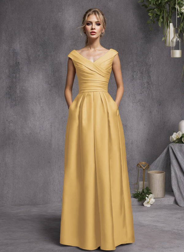 A-Line V-Neck Sleeveless Floor-Length Satin Bridesmaid Dresses With Ruffle