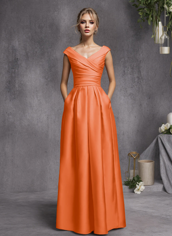 A-Line V-Neck Sleeveless Floor-Length Satin Bridesmaid Dresses With Ruffle