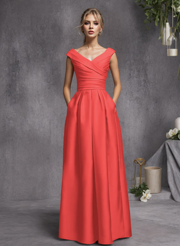 A-Line V-Neck Sleeveless Floor-Length Satin Bridesmaid Dresses With Ruffle