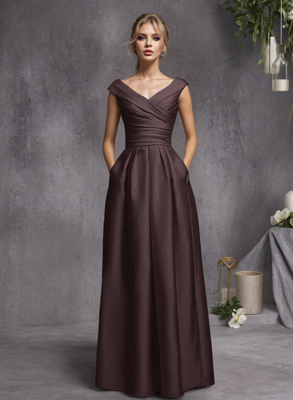 A-Line V-Neck Sleeveless Floor-Length Satin Bridesmaid Dresses With Ruffle